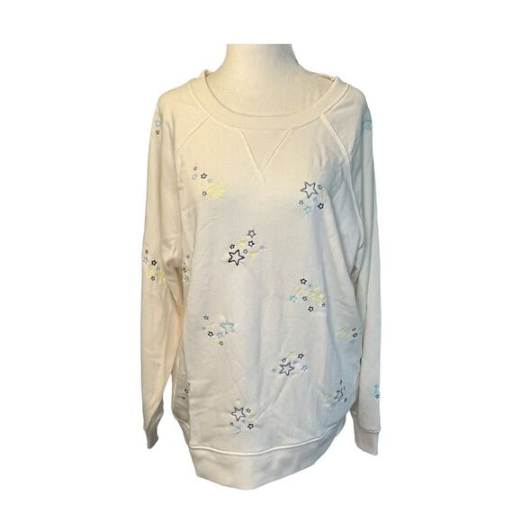 Lou & Grey Embroidered Stars Sweatshirt Cream French Terry Oversized Long Sleeve - Picture 1 of 8